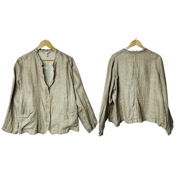 Eileen Fisher Frayed Edge 100% Organic Linen Jacket Stand Collar Natural Tan - Picture 11 of 11